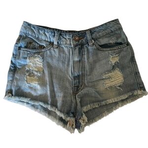 BDG High Rise Dree Cheeky Blue Distressed Jean Shorts Frayed Hem Size 27